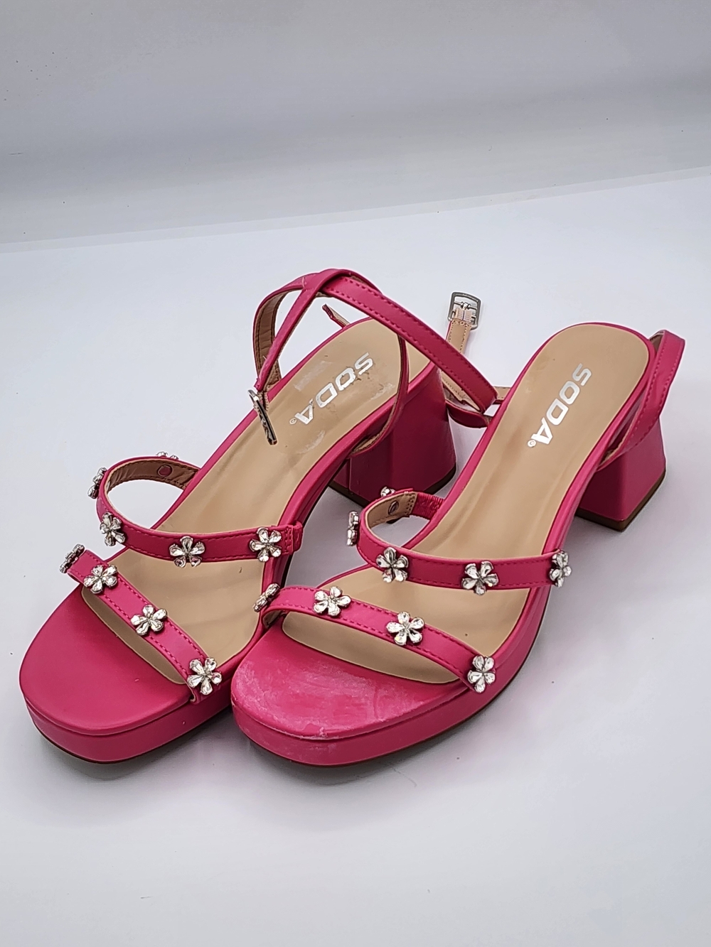 Size 7 Soda Hot Pink Floral Crystal Strap Block Heel Sandals